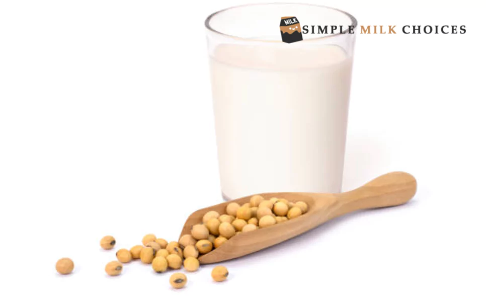 A clear glass filled with creamy milk stands alongside a delicately balanced spoon holding a portion of soy, creating a harmonious contrast between traditional dairy and plant-based alternatives.