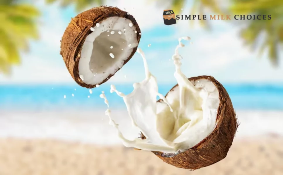 Split coconut revealing fresh, creamy milk inside - a tantalizing taste of pure tropical richness.
