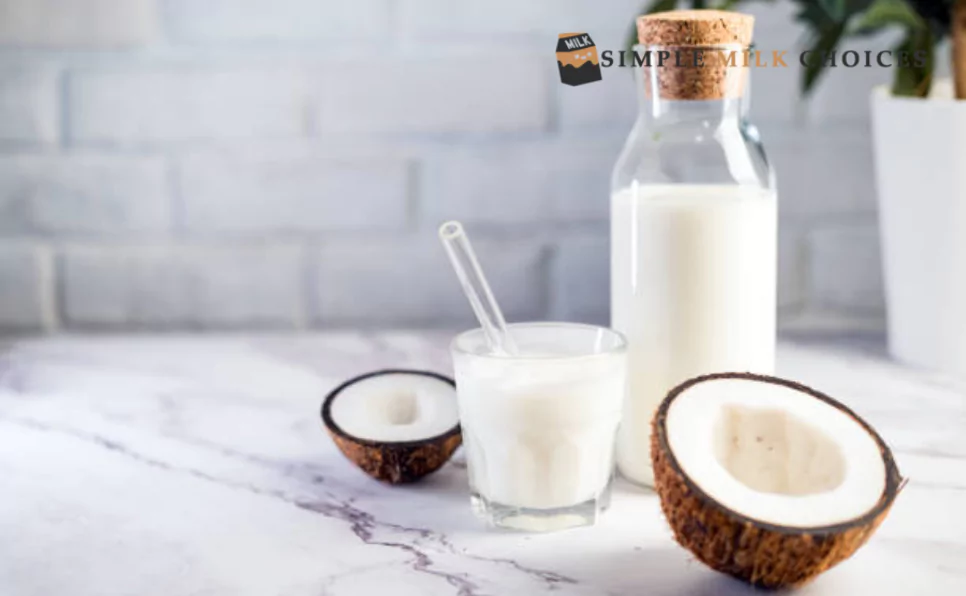An image comparing coconut milk and almond milk. On the left, a container of coconut milk stands, showcasing its creamy texture and tropical appeal.