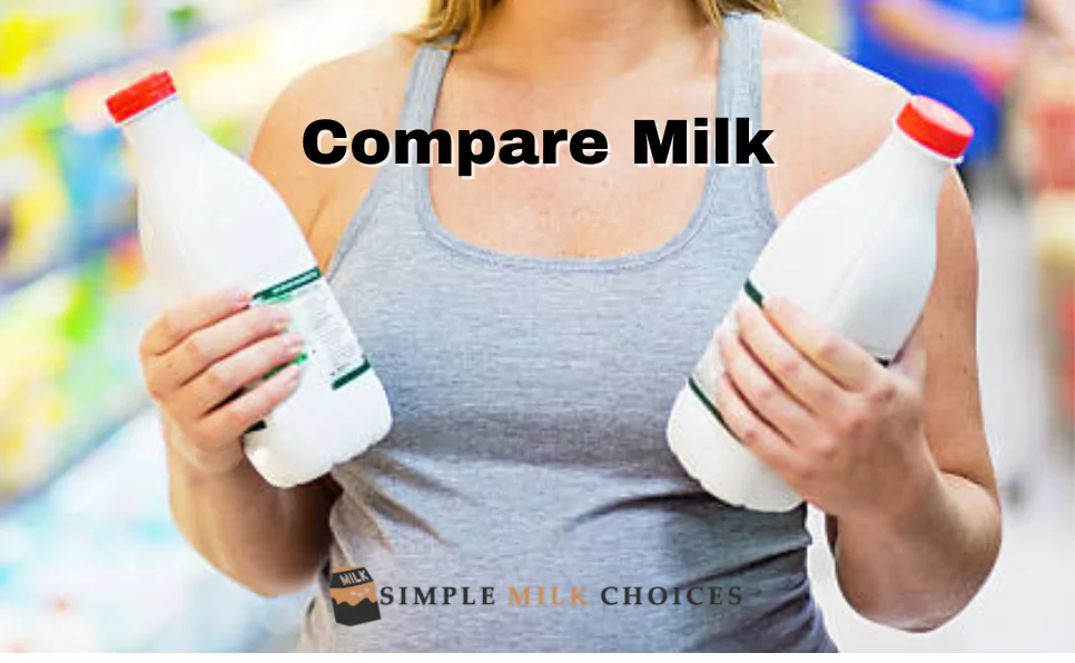 Image of a woman standing in a grocery store aisle, carefully comparing various types of milk. She holds two different milk cartons in her hands, examining labels and nutritional information, showcasing a thoughtful and informed consumer making a choice between different milk options.