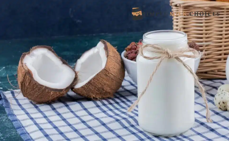 Jar of coconut milk in front of a whole coconut, symbolizing the essence and sustenance captured within coconut milk, a shelter of nourishment.
