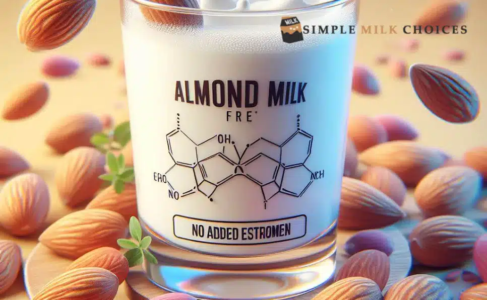 Glass of almond milk emphasizing its estrogen-free nature, a popular dairy alternative