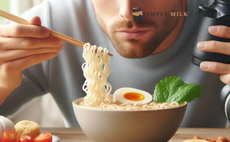 Image of a man savoring a bowl of ramen, exploring if it contains dairy, showcasing the ingredients without explicitly showing dairy presence.