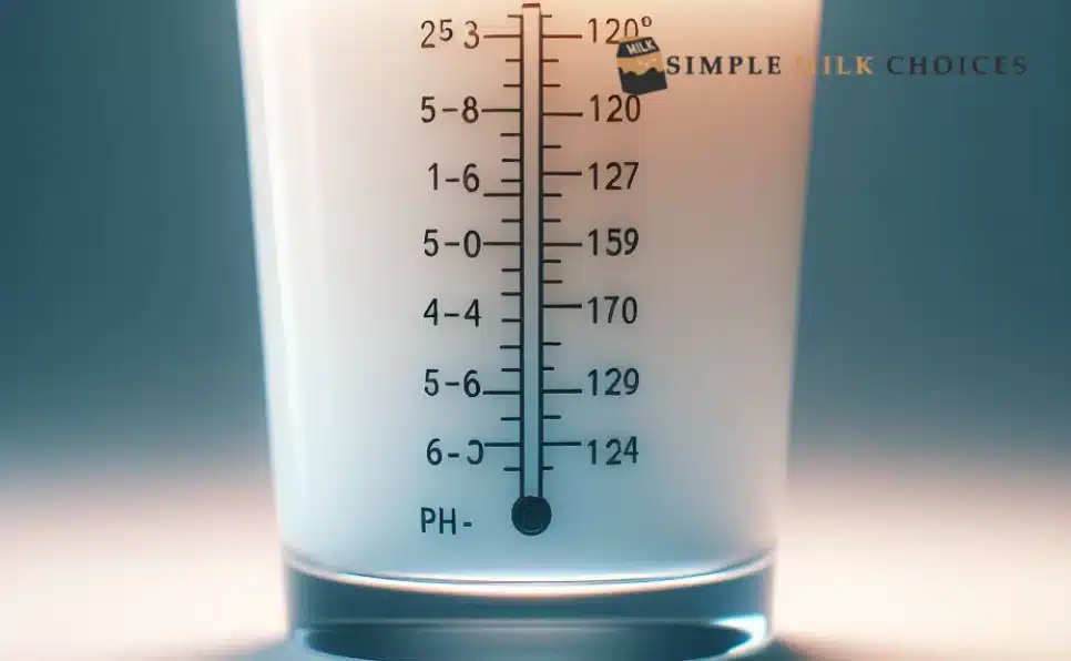 Glass of almond milk on table with pH scale indicating its alkaline level