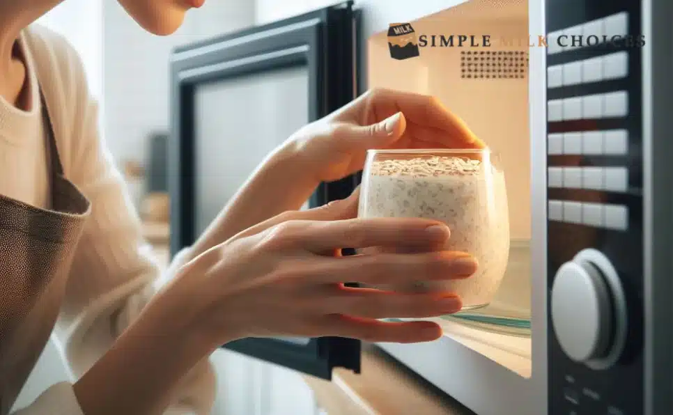Image of a girl placing a glass of oat milk inside a microwave for heating purposes.