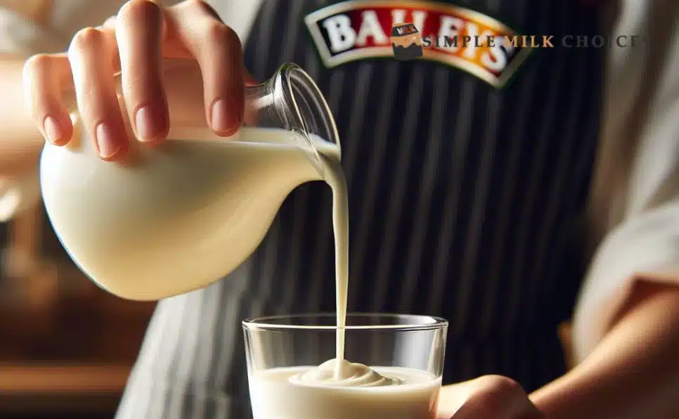 A chef pours Baileys Irish Cream into a bowl of whipped cream, demonstrating the presence of dairy in Baileys.