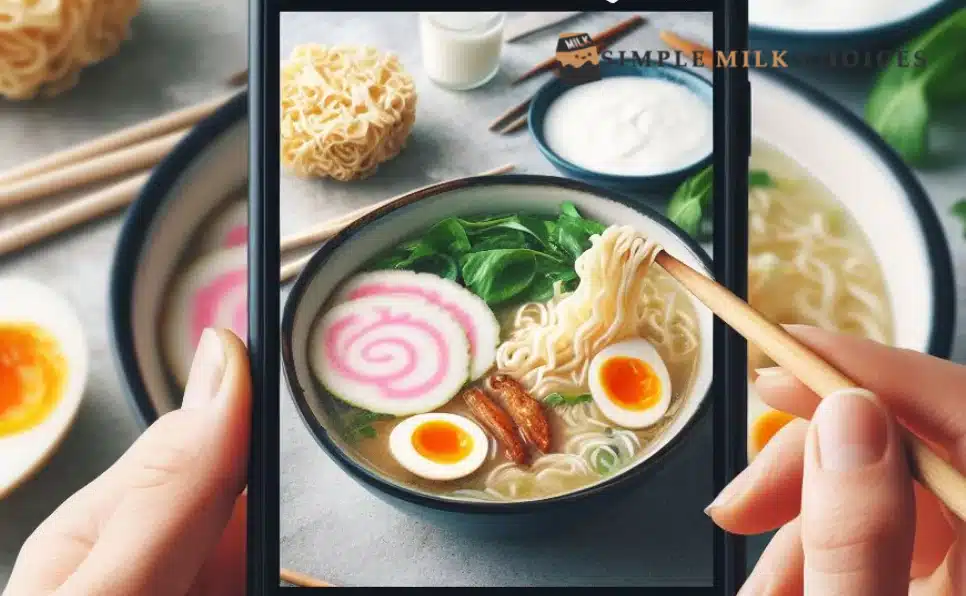 Image of a person enjoying a steaming bowl of ramen, highlighting its ingredients like noodles, vegetables, and broth, showcasing a dairy-free dining experience.