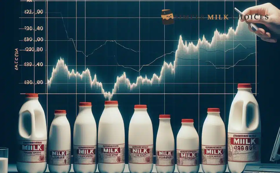 Line graph depicting the fluctuation of gallon of milk prices in different regions of Alaska over time, showcasing varying cost ranges from $3 to $7, illustrating higher prices in remote areas. Prices depicted over specific time intervals, displaying regional disparities in milk costs.