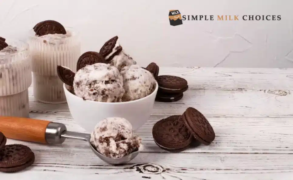 Bowl of almond milk ice cream topped with chocolate biscuits.