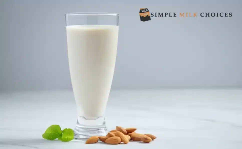 Glass of almond milk surrounded by scattered almonds on a wooden surface.