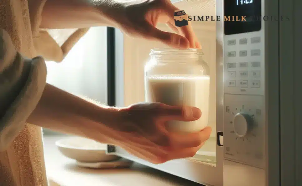Image of a boy carefully placing a glass of oat milk inside a microwave, showcasing the process of warming oat milk for a comforting beverage.