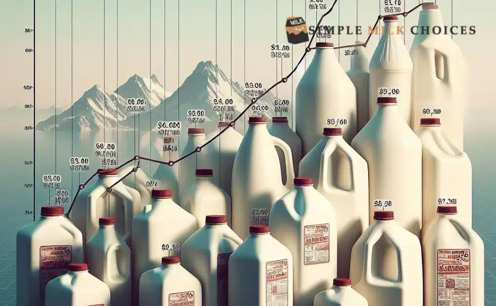 Line graph depicting the gradual rise in the cost of a gallon of milk in Alaska over a specific time period. The graph displays an upward trend indicating the increasing prices, with fluctuating price points across different regions in Alaska.