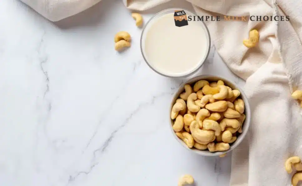 Glass filled with creamy cashew milk, showing whole cashews floating on the surface against a white background.