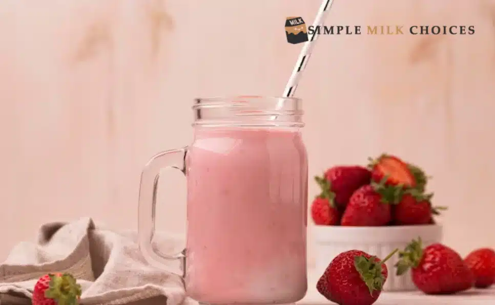 Glass jug filled with creamy pink strawberry milkshake topped with fresh strawberries and a striped straw.