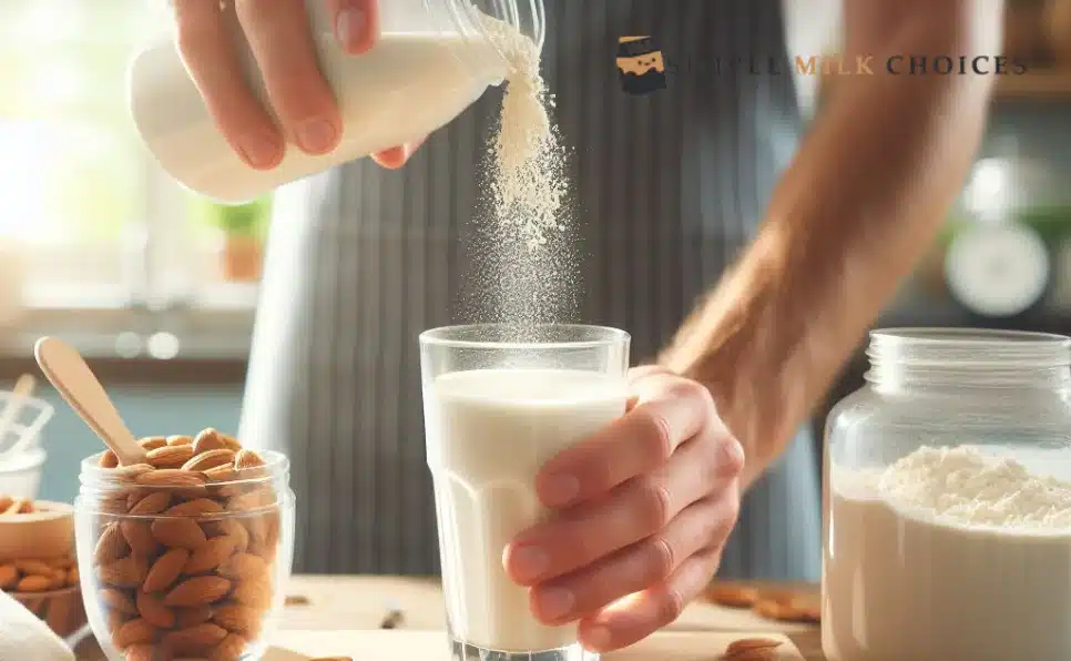 A man pours protein powder from a jar into a jug of almond milk, blending ingredients to enhance flavor and nutrition.