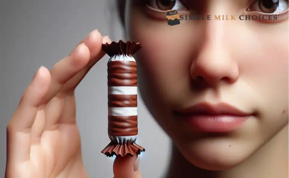 A young girl examines a Tootsie Roll closely, showcasing its dairy-free nature. She appears curious, holding the candy up and inspecting it with interest.