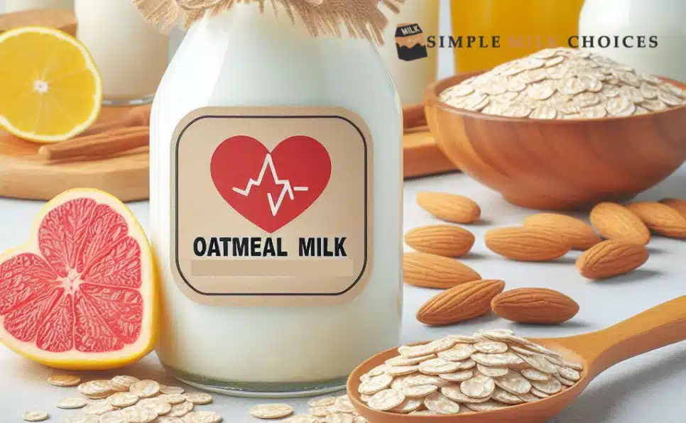 Image of oat milk jug surrounded by oats, symbolizing a potential solution for acid reflux. Oat milk's soothing properties may offer relief.