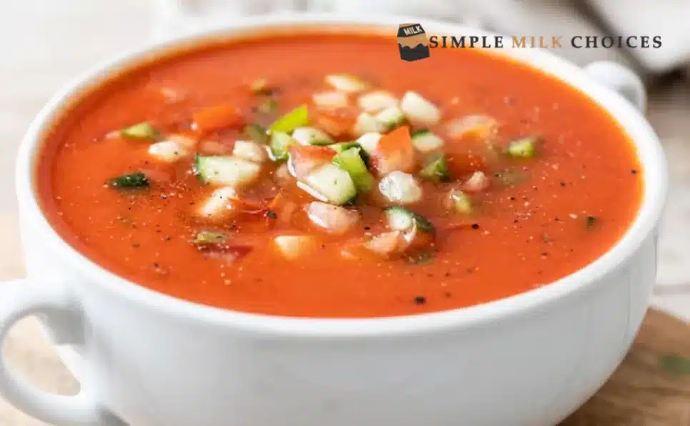 A snapshot showcasing a bowl filled with Dairy-Free Tomato Soup, a tasty and vegan-friendly choice.
